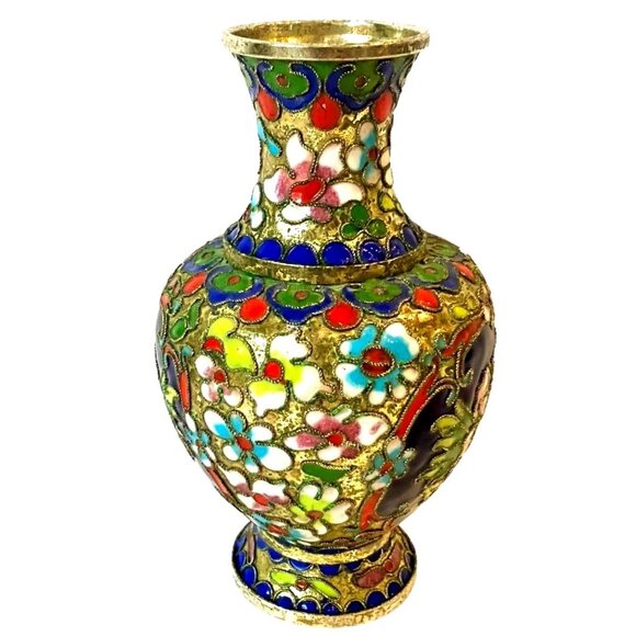 Antique Cloisonne w/ Ornate Enamel Flowers & Gold Gilding Brass Color Vase - Picture 3 of 13